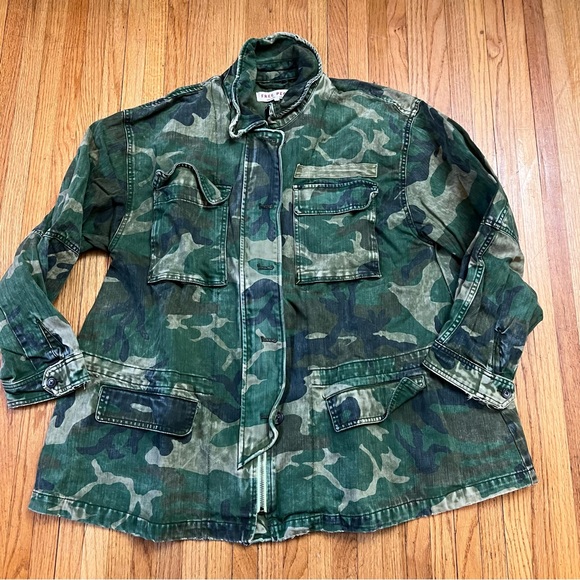 Free People Large Womens Seize The Day Army Green Camo Jean Jacket Denim